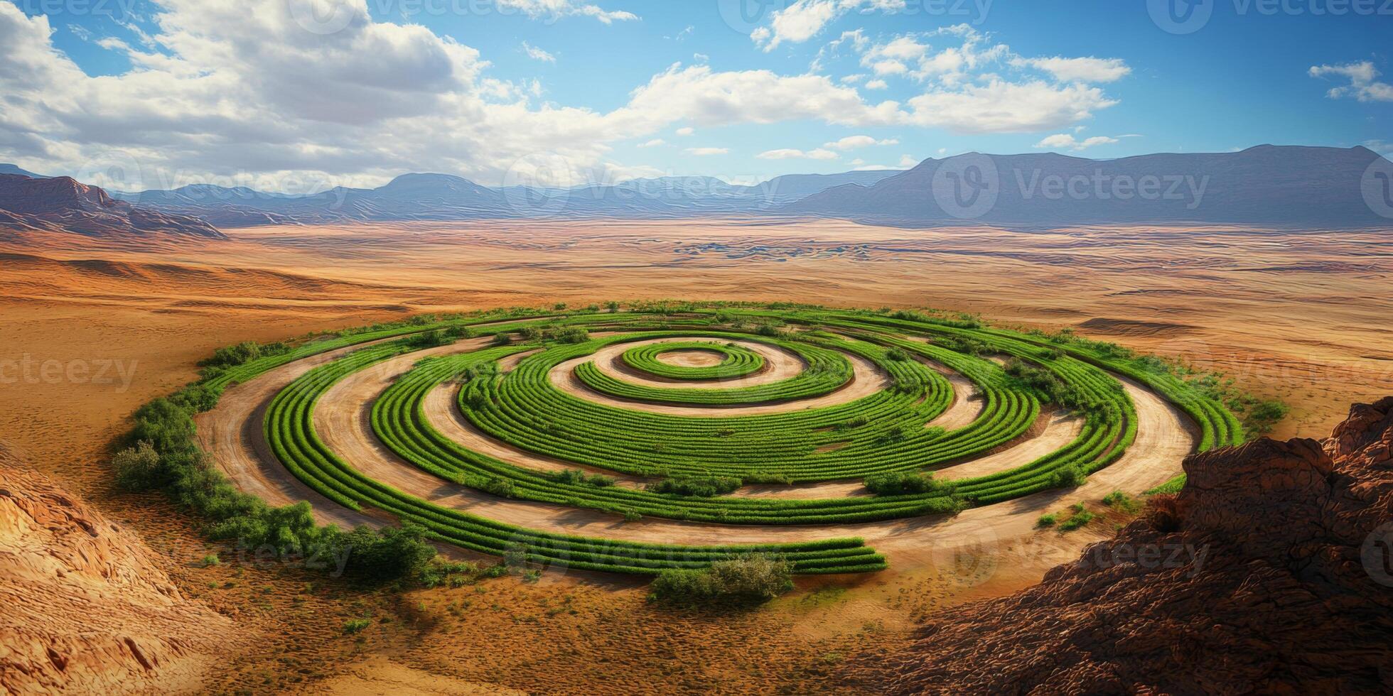 Aerial View of Spiraling Green Crop Patterns in a Desert Landscape Under a Bright Blue Sky and Fluffy White Clouds photo