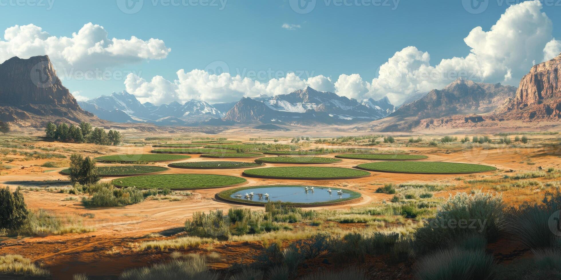 Scenic Landscape of Fertile Land with Irrigated Fields and Majestic Mountains Under a Clear Blue Sky and Fluffy Clouds photo