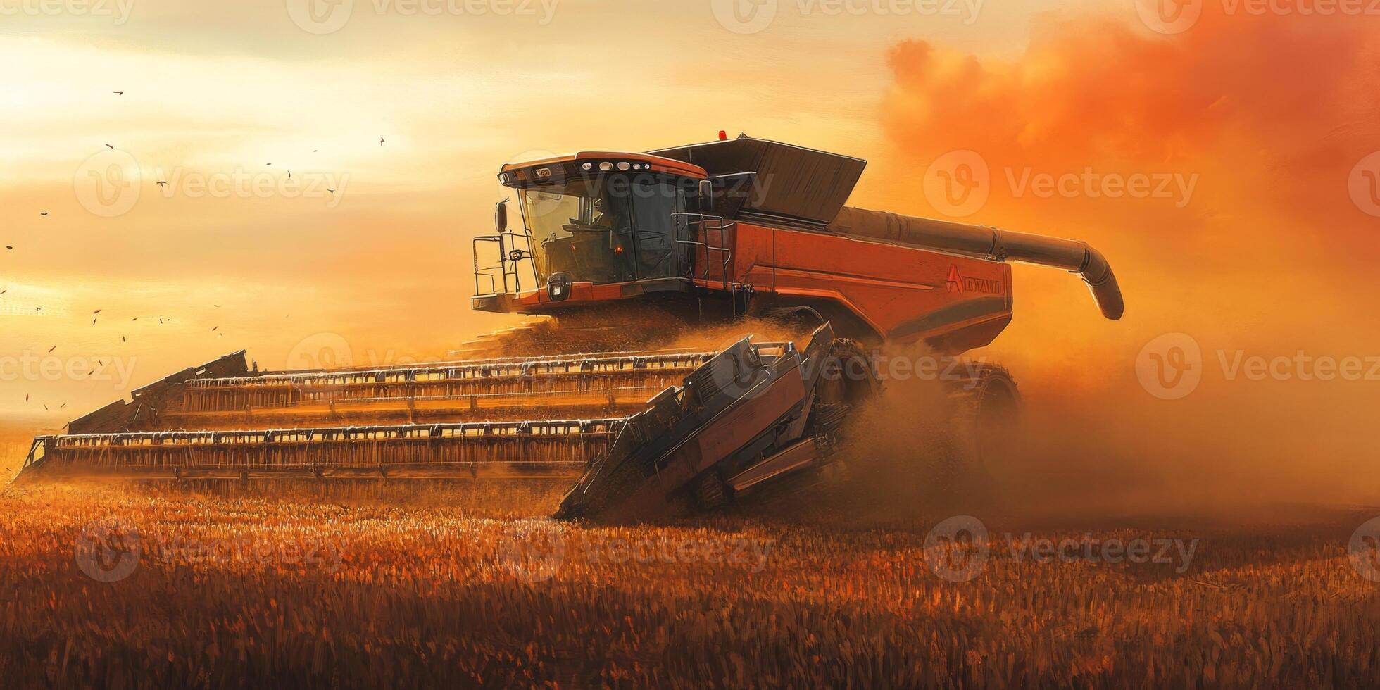 Modern Agricultural Machinery Harvesting Golden Grain at Sunrise in Rural Landscape with Dust and Dramatic Sky Background photo