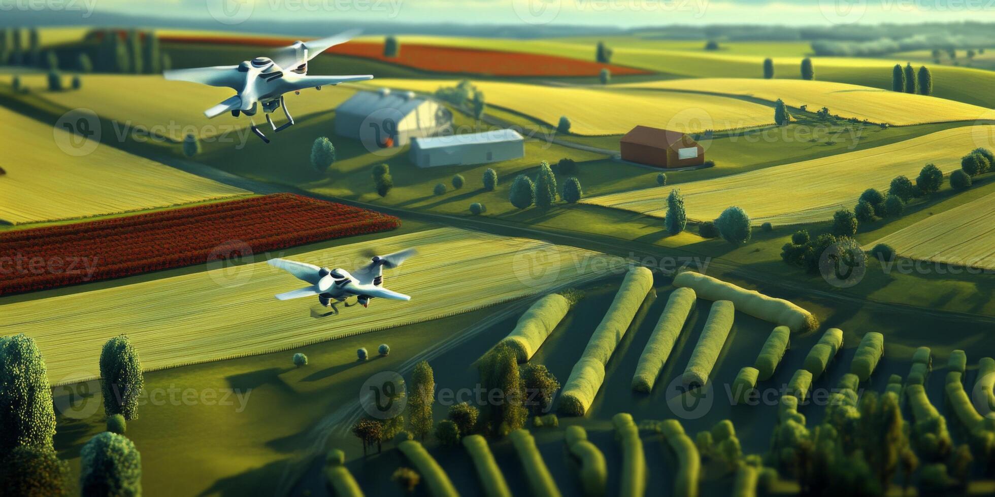 Aerial View of Drones Over Colorful Agricultural Fields with Rolling Hills and Fresh Crops Under Clear Blue Sky photo