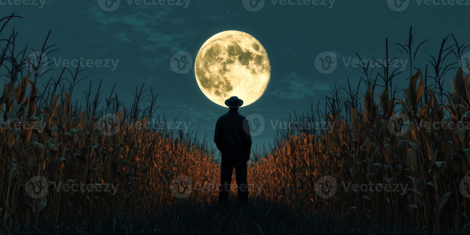Silhouette of a Farmer Standing in a Cornfield Under a Bright Full Moon at Night with Starry Sky photo