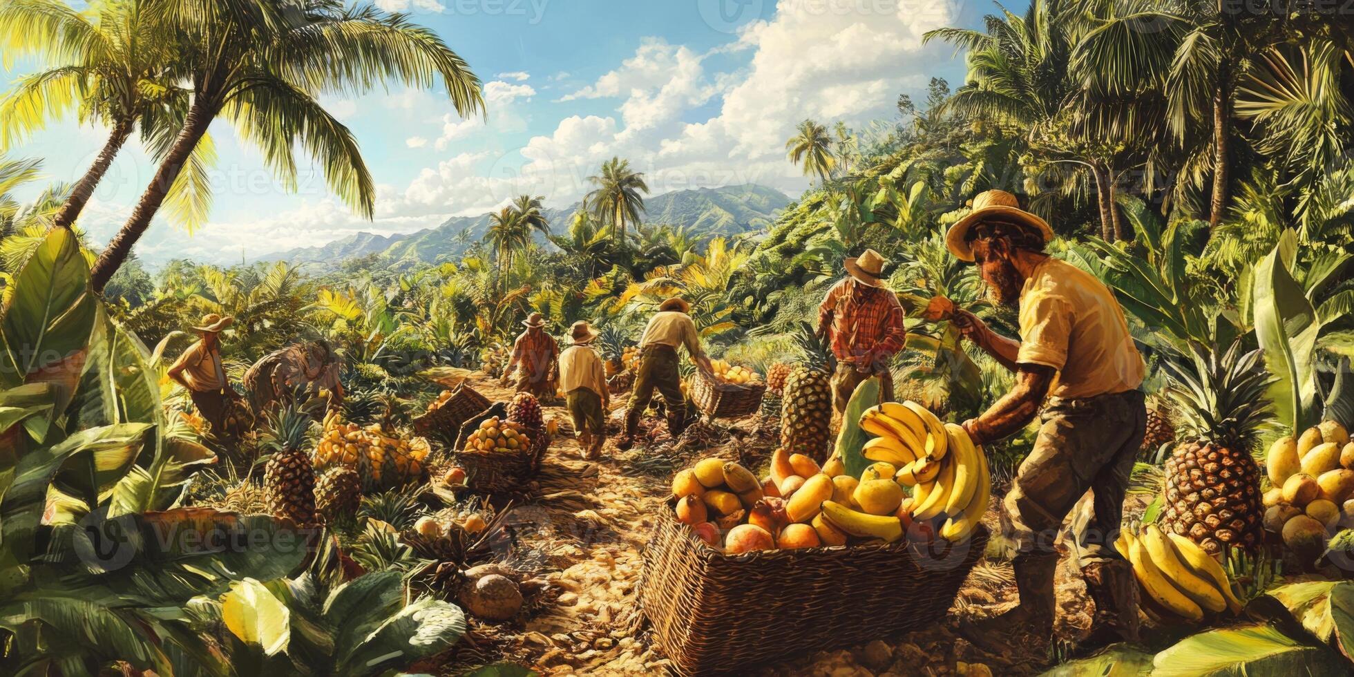 Vibrant Tropical Landscape with Farmers Harvesting Fresh Fruits, Lush Greenery and Palm Trees in a Scenic Mountain Setting Under Bright Blue Sky photo
