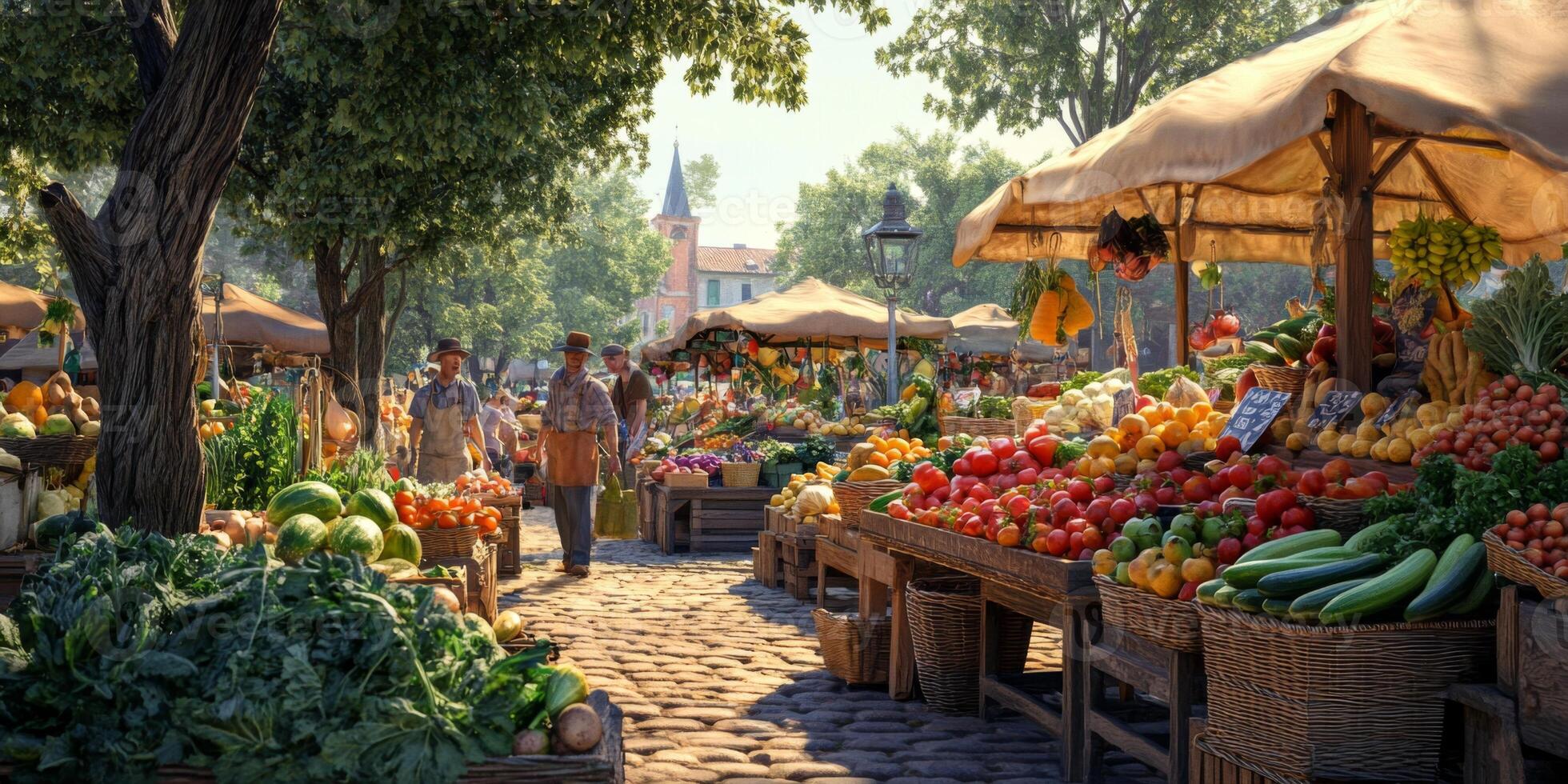 Vibrant Open-Air Market Scene with Colorful Fresh Produce, Vendors, and Shoppers Surrounded by Lush Green Trees and Historic Architecture photo