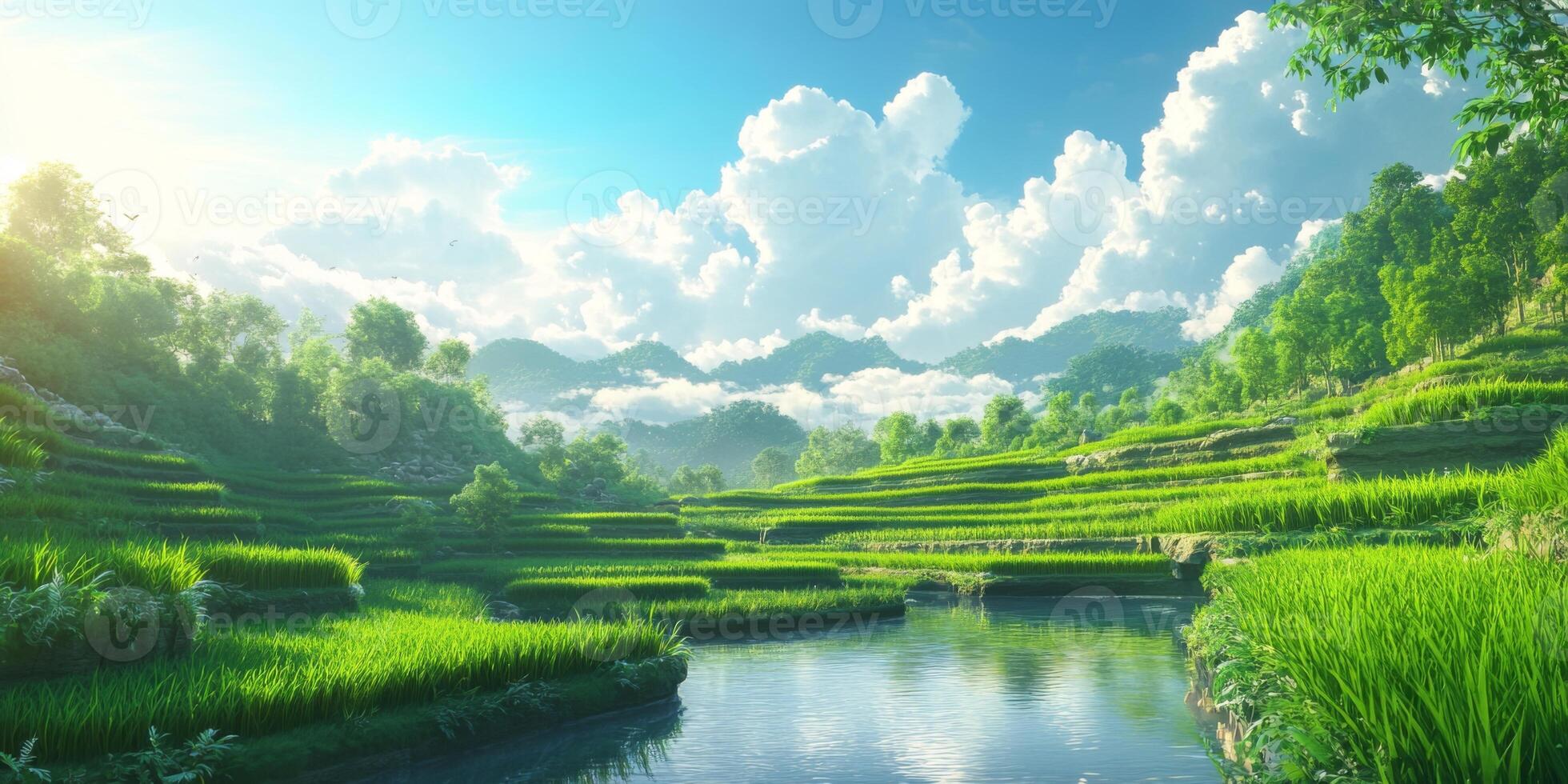 Lush Green Terraced Rice Fields at Sunrise with Dramatic Cloudscape and Reflections in Calm Water Surrounded by Majestic Mountains in Scenic Landscape photo