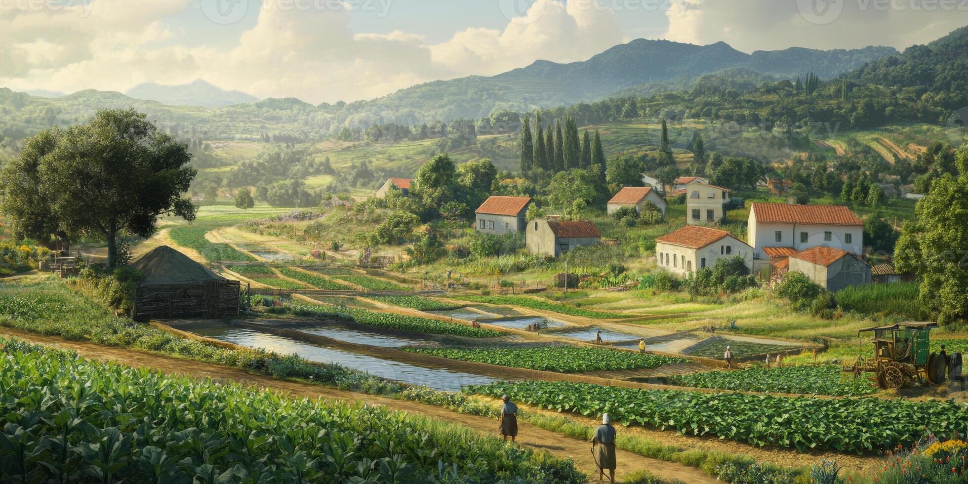 Serene Landscape of a Agricultural Farm with Villagers Working in Green Fields under a Bright Sky and Gentle Rolling Hills in the Background photo