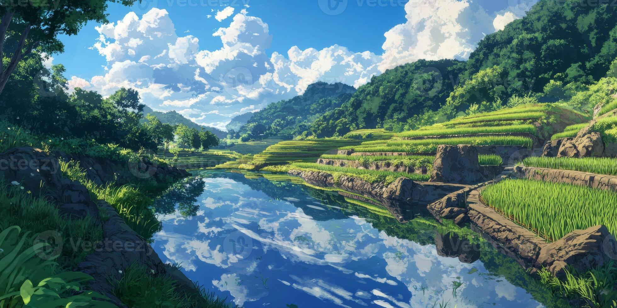 Scenic beauty of lush green rice terraces under a bright blue sky with fluffy clouds reflecting on a tranquil river surrounded by mountains photo