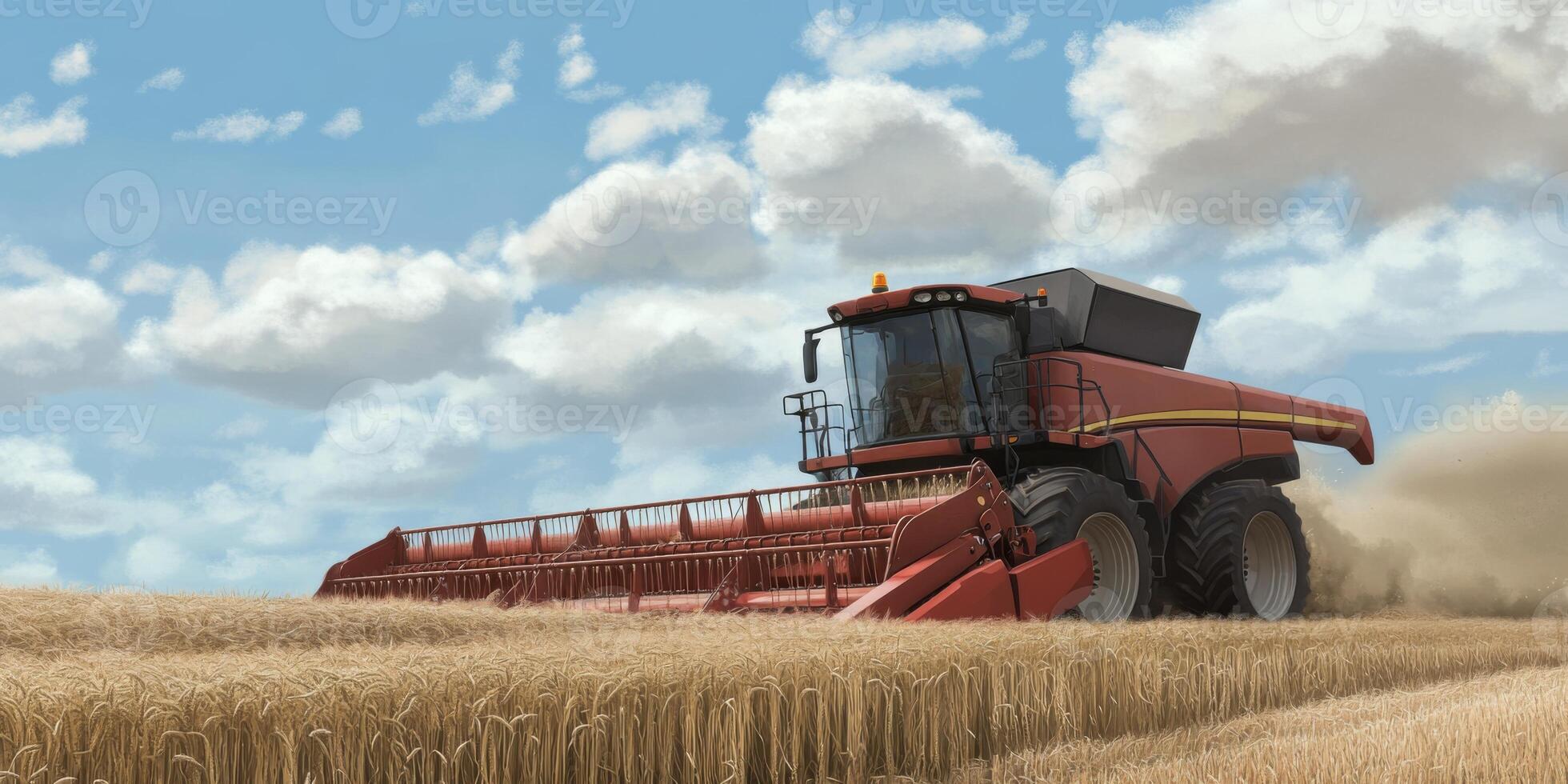 Detailed Harvesting Scene with a Red Combine Harvester Working in a Golden Wheat Field Under a Bright Blue Sky with Fluffy White Clouds photo