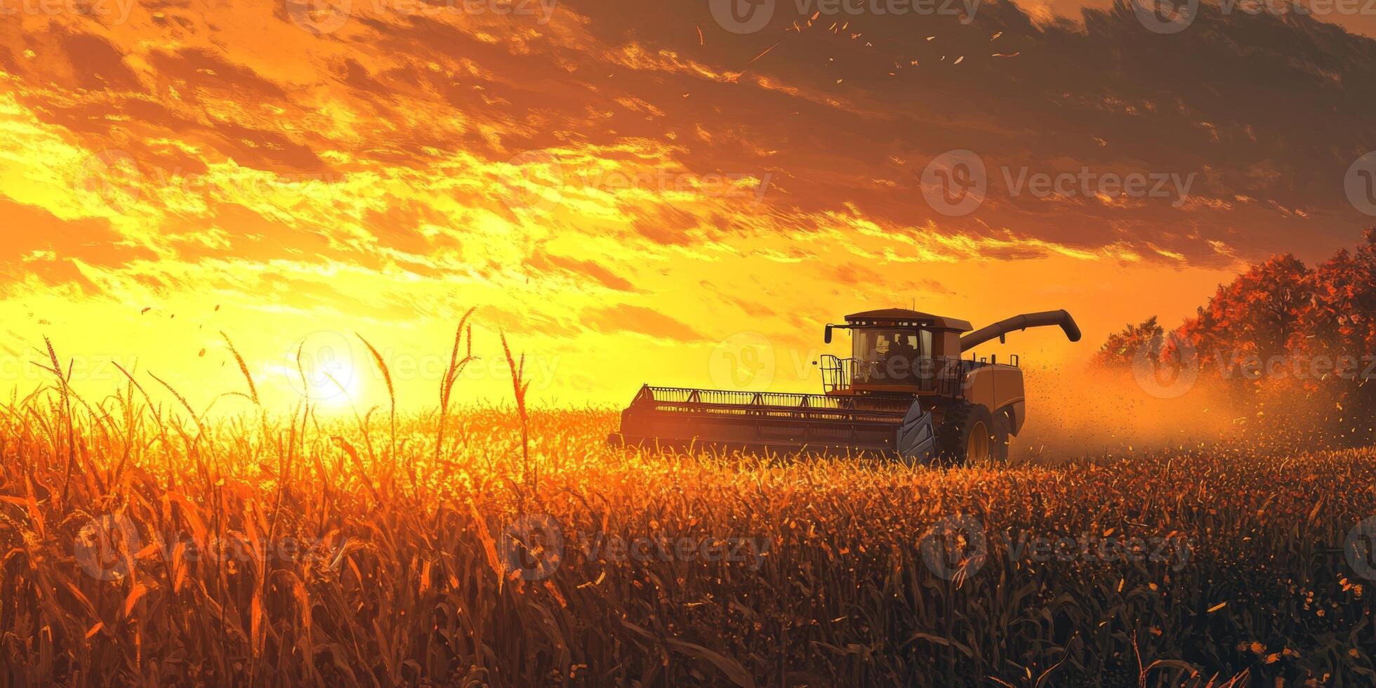 Harvester Operating in Golden Fields at Sunset with Vibrant Skies and Rural Landscape for Agriculture and Farming Background Use photo