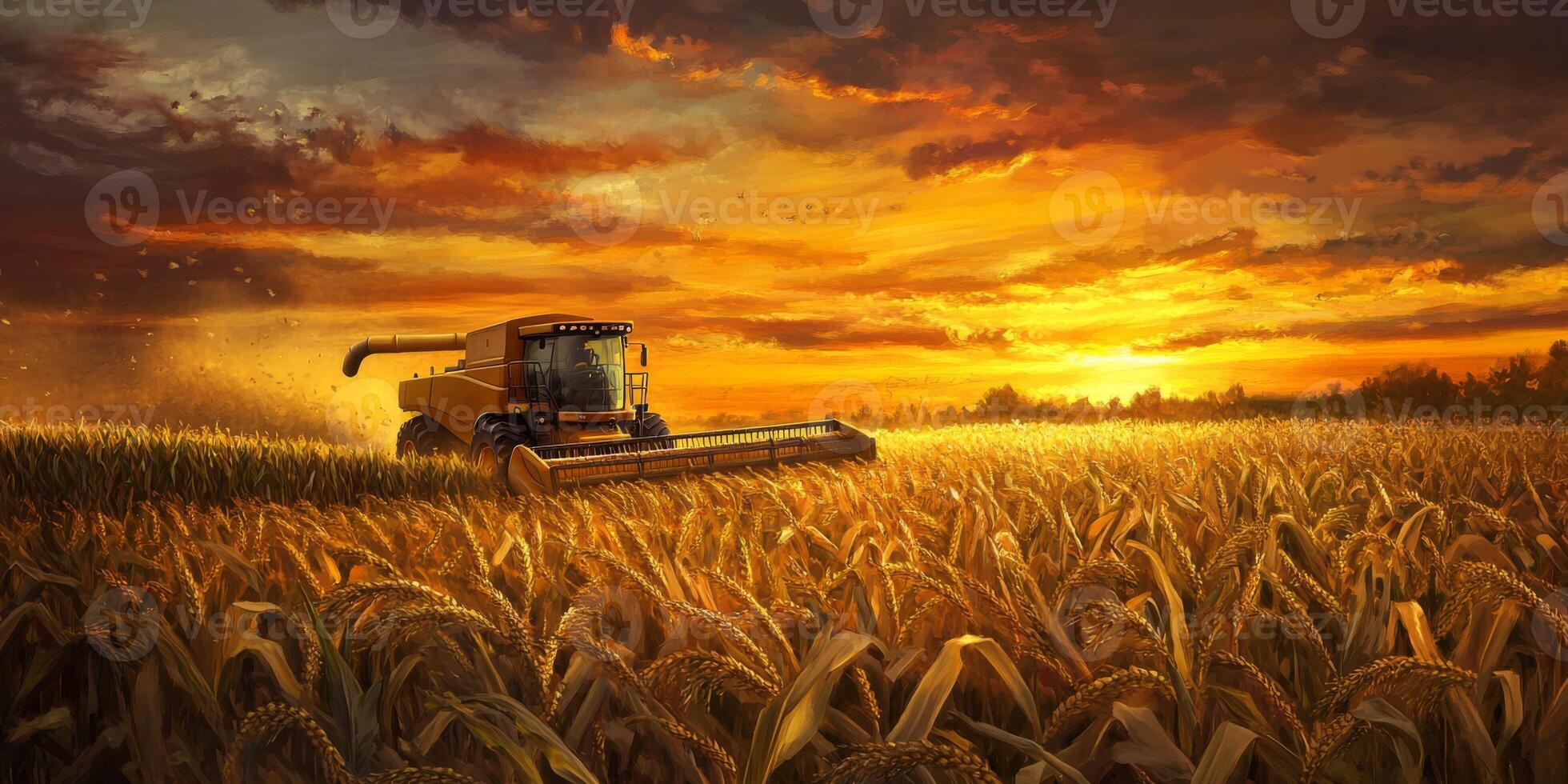 Golden Sunset Over Fields with Agricultural Machinery in Action Harvesting Crops Surrounded by Vibrant Nature under Dramatic Sky Colors photo