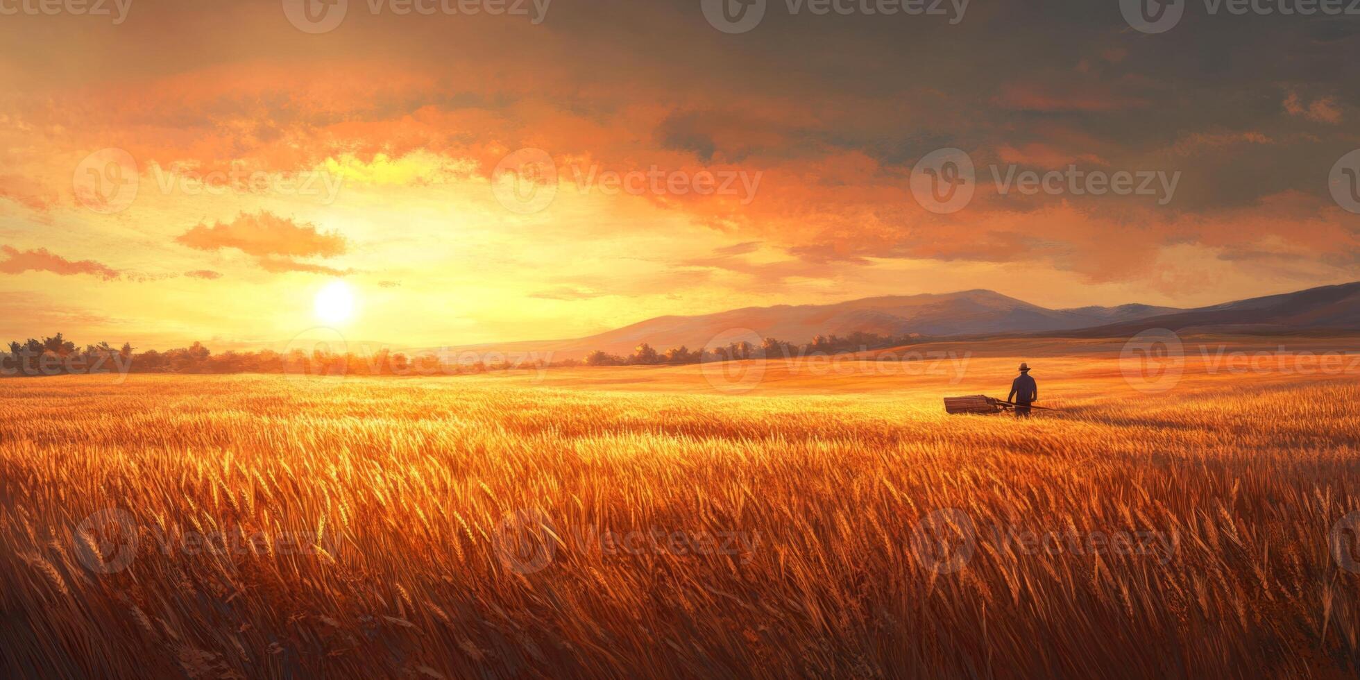 Serene Sunset Over Golden Wheat Field with Silhouette of Farmer and Cart in Rural Landscape, Capturing Peaceful Agricultural Scene in Nature photo