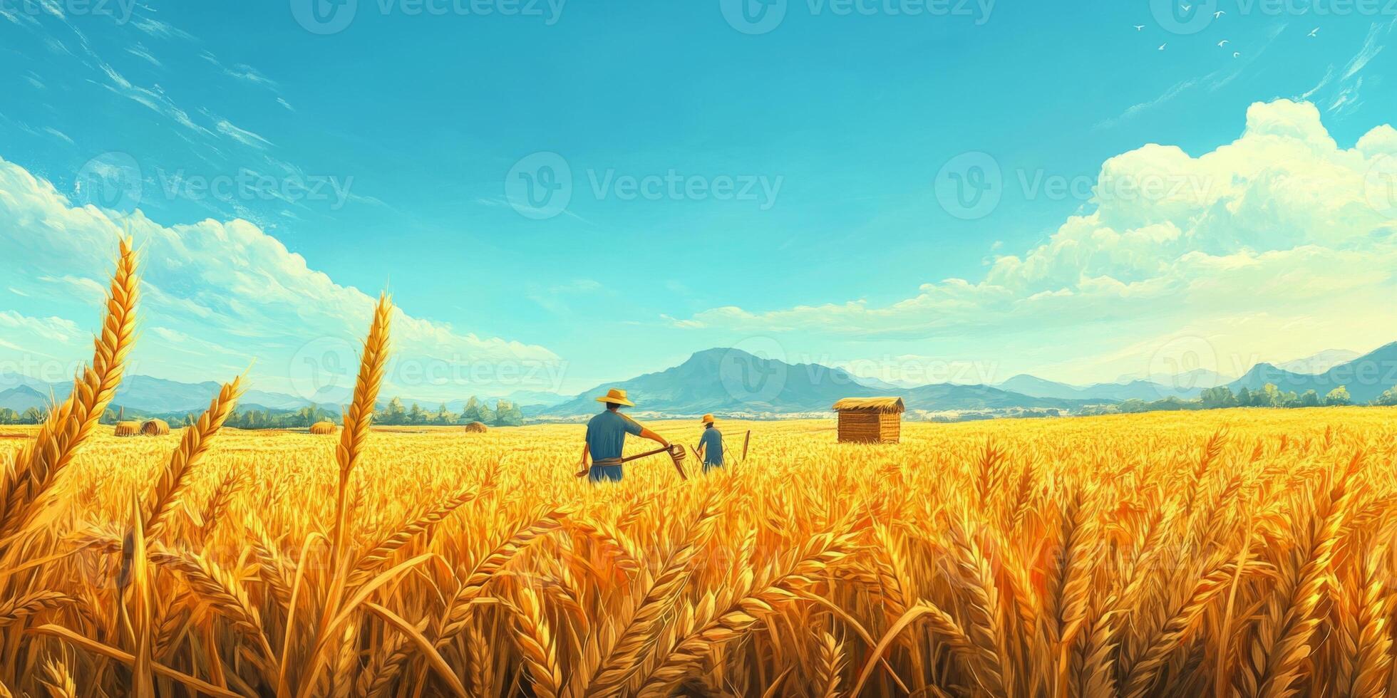 Scenic Rural Landscape with Farmers Harvesting Golden Wheat Under a Bright Sky Featuring Lush Mountains and Vibrant Fields in Summer photo