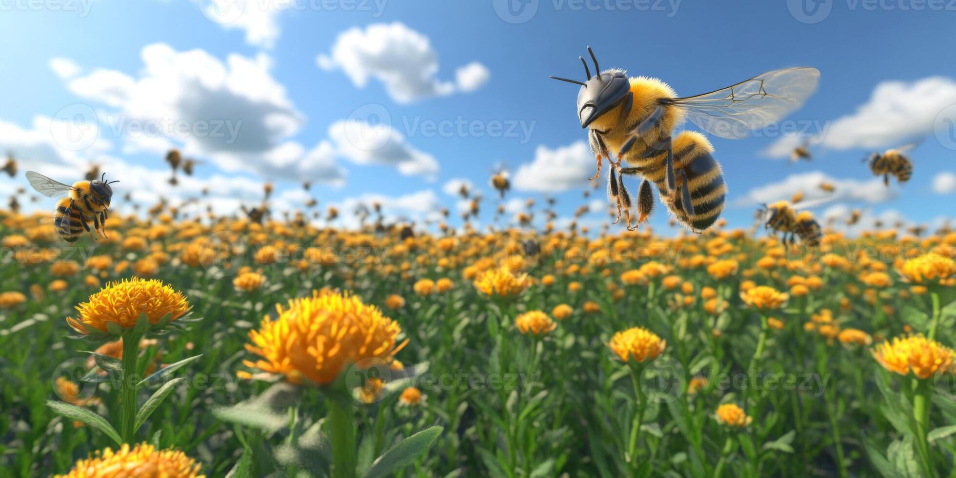 Vibrant Bees in a Sunlit Flower Field During Springtime with Colorful Blossoms and Clear Blue Sky Capturing Nature's Beauty and Pollination Process photo