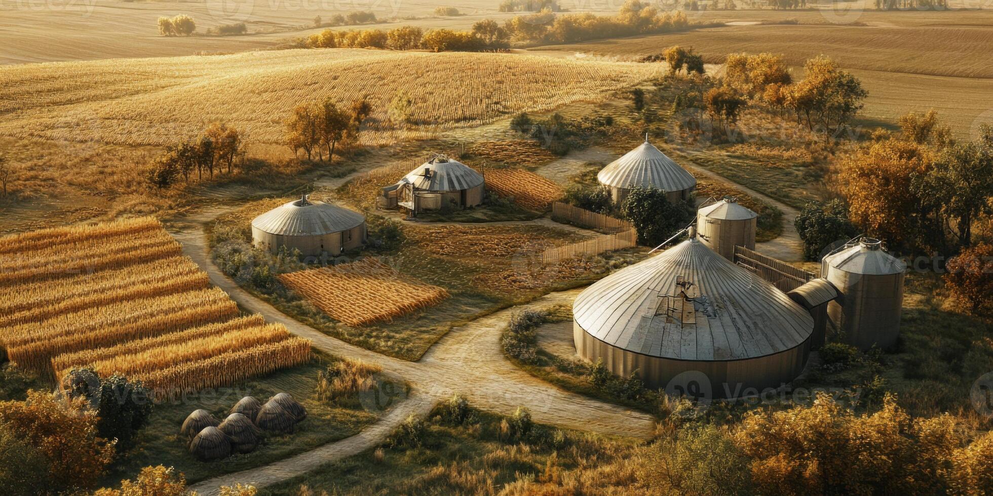 Aerial View of Rural Farm Landscape with Silos, Fields, and Autumn Foliage Under Soft Morning Light in a Tranquil Countryside Setting photo