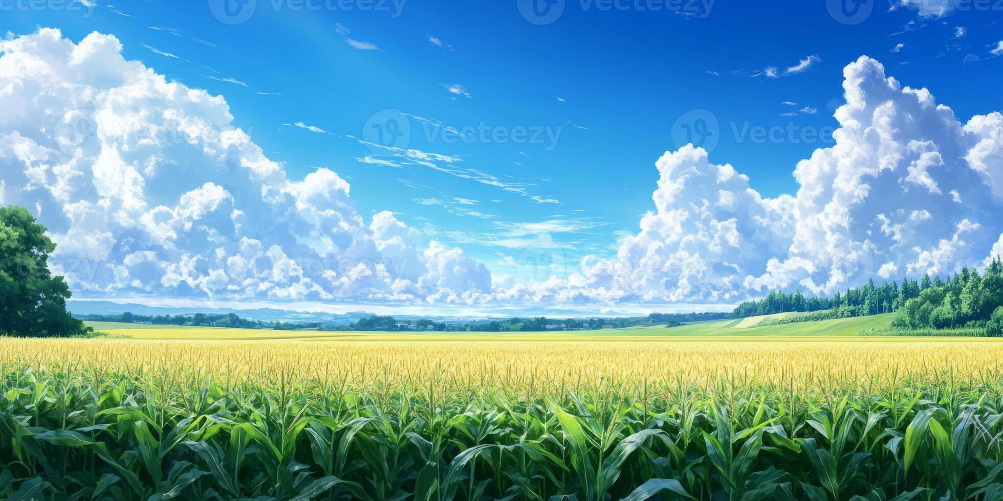 Vibrant Green Cornfield Under a Bright Blue Sky with Fluffy White Clouds and Scenic Rolling Hills in the Background photo