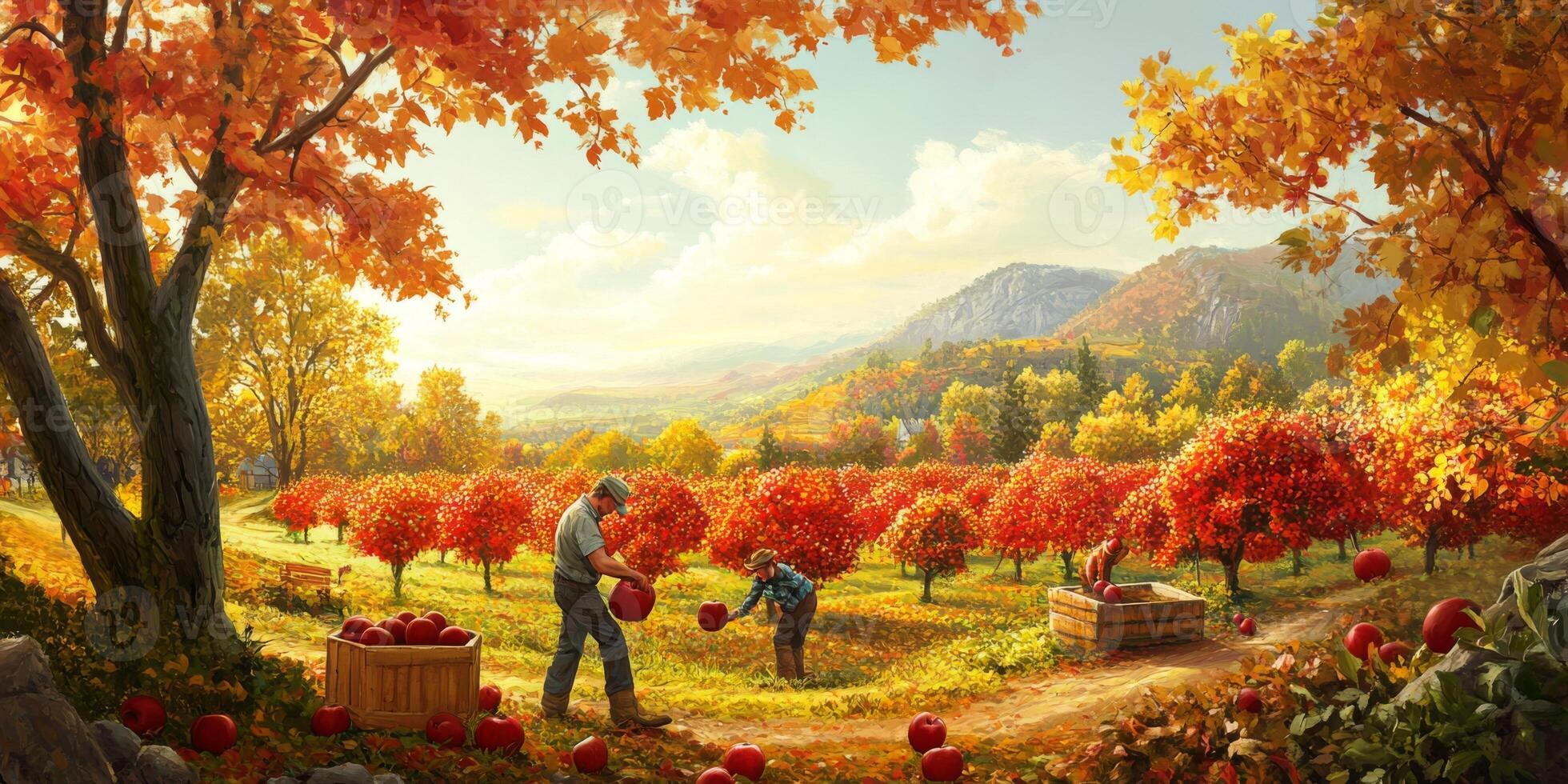 Autumn Harvest Scene in Orchard with Workers Collecting Apples Surrounded by Vibrant Fall Foliage and Scenic Mountain View photo