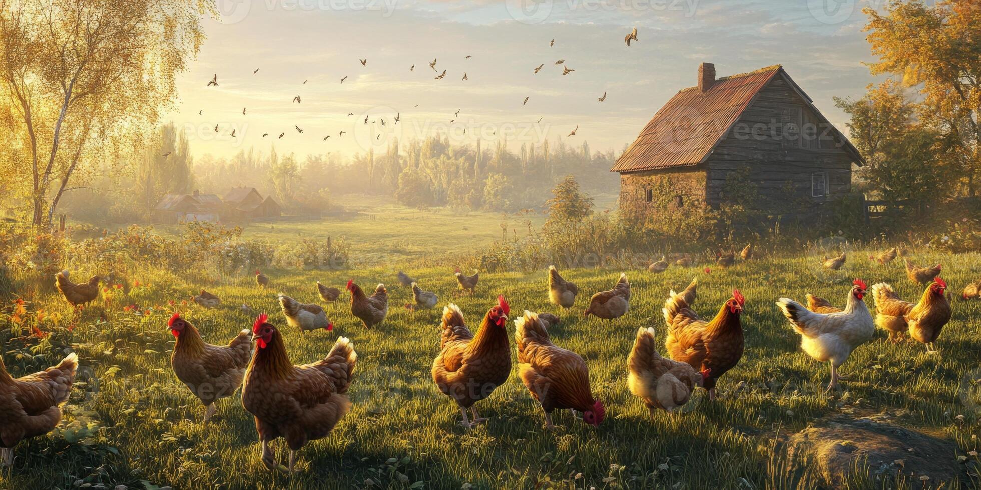 Peaceful Rural Scene with Chickens Roaming Freely in a Lush Green Field at Sunrise near a Traditional Wooden Cabin Surrounded by Beautiful Nature photo