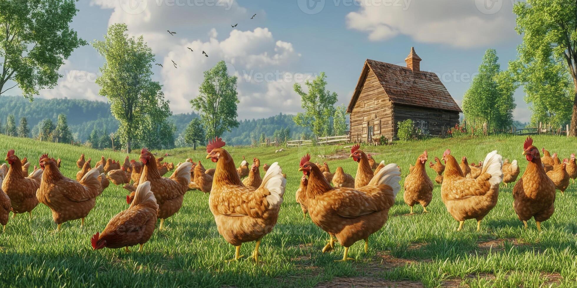Vibrant Countryside Scene with Free-Ranging Chickens and Charming Farmhouse Nestled Amidst Lush Green Fields and Clear Blue Sky photo