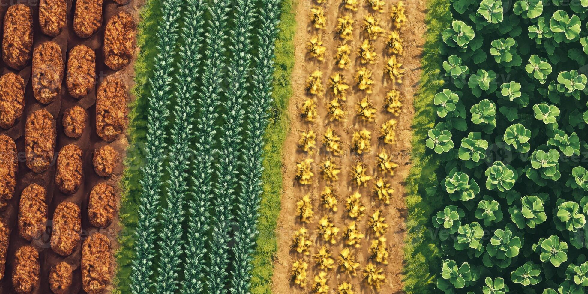 Aerial View of Diverse Agricultural Fields Showing Rows of Crops, Different Soil Textures and Green Foliage Under Bright Natural Light photo