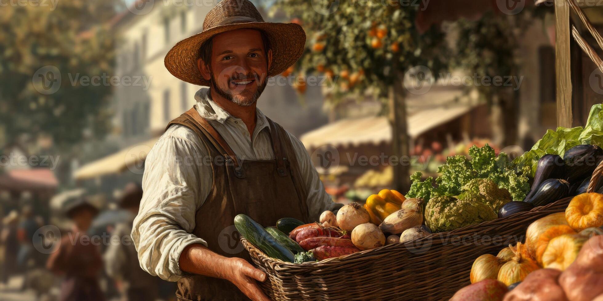Smiling farmer showcasing a bountiful harvest of fresh vegetables in a rustic market setting under soft sunlight with rich autumn colors photo