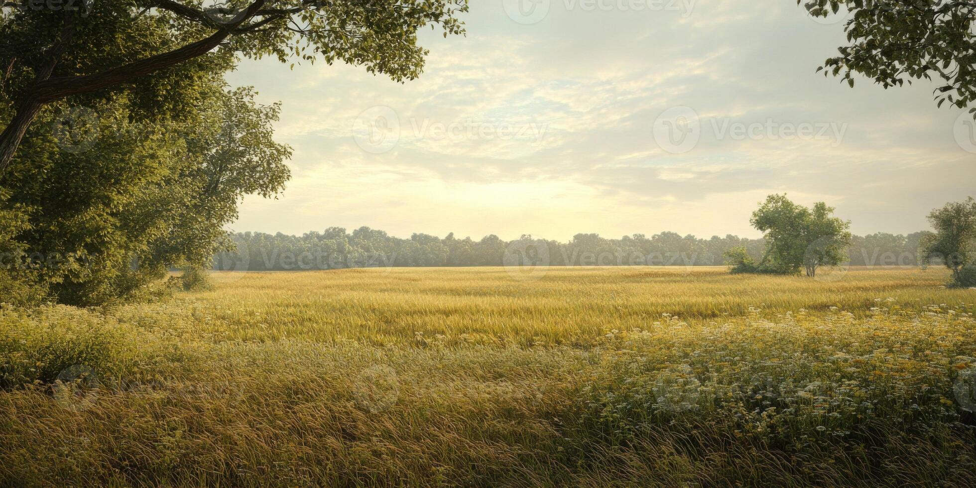 Serene Landscape with Golden Fields Under Soft Morning Light Surrounded by Lush Green Trees and a Tranquil Sky Enhancing the Natural Beauty of the Scenery photo