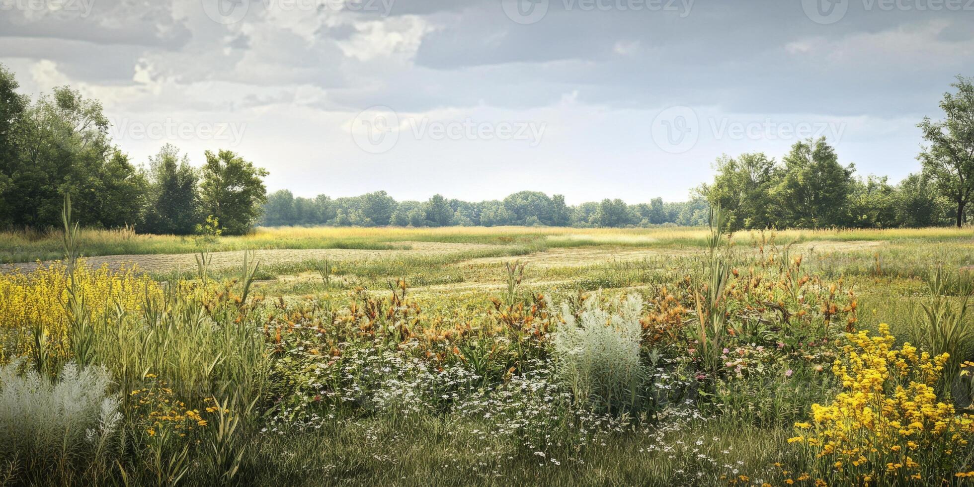 Serene Meadow Landscape Surrounded by Lush Greenery and Wildflowers Under a Dramatic Cloudy Sky in a Tranquil Natural Environment photo