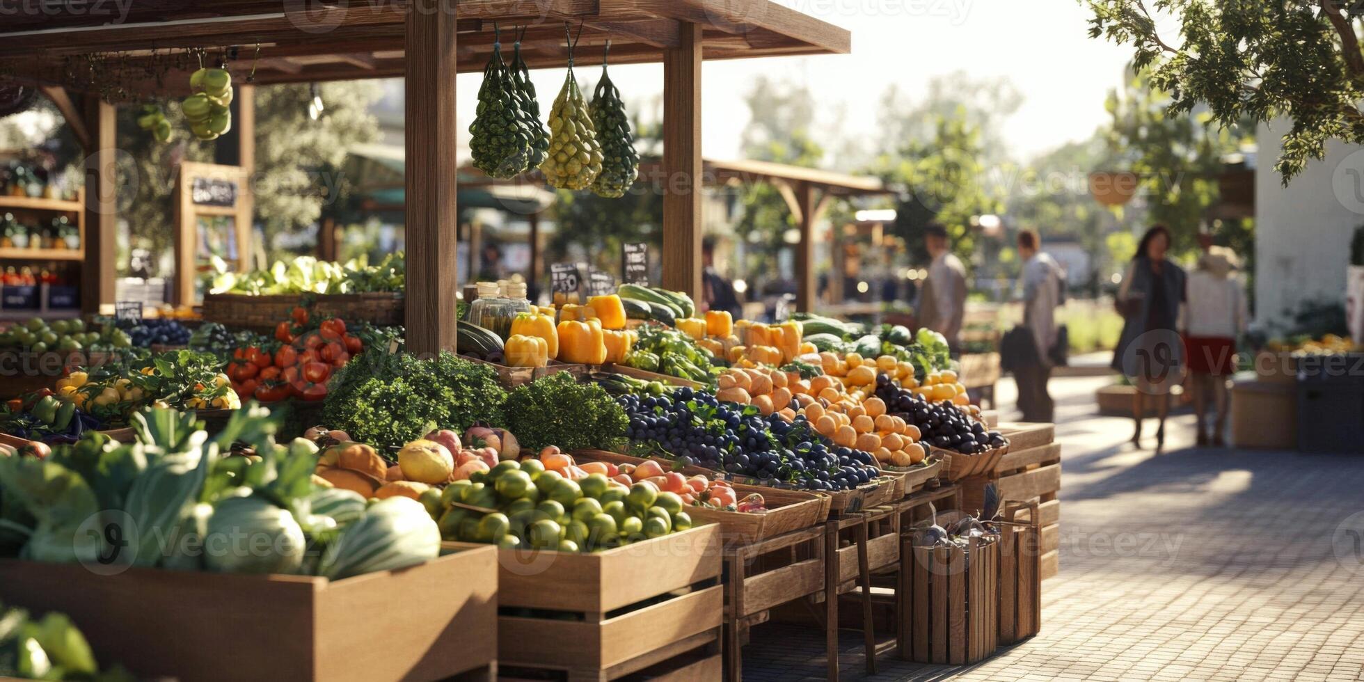 Fresh Organic Produce at a Vibrant Farmers Market with Colorful Fruits and Vegetables Displayed in Wooden Stalls Surrounded by Shoppers and Nature photo