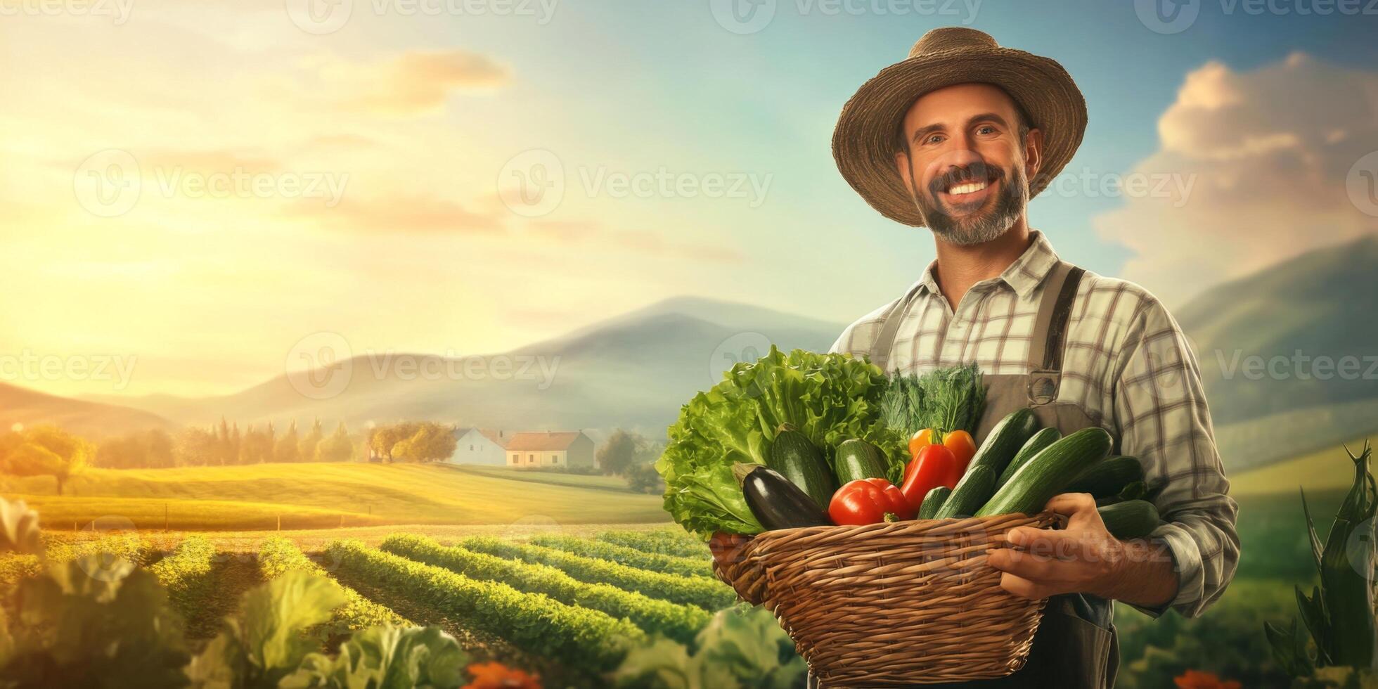 Smiling farmer holding a basket of fresh vegetables in front of a picturesque landscape with fields and mountains during a beautiful sunrise photo