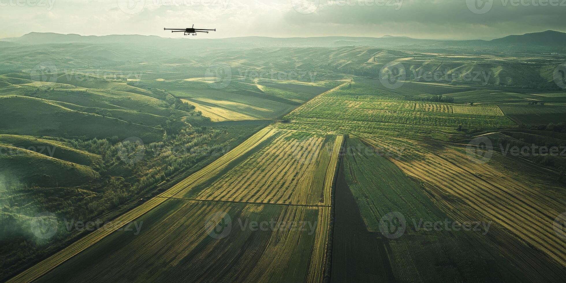 Drone Flying Over Lush Green Fields and Rolling Hills in a Scenic Landscape Capturing Agriculture and Nature's Beauty at Twilight photo