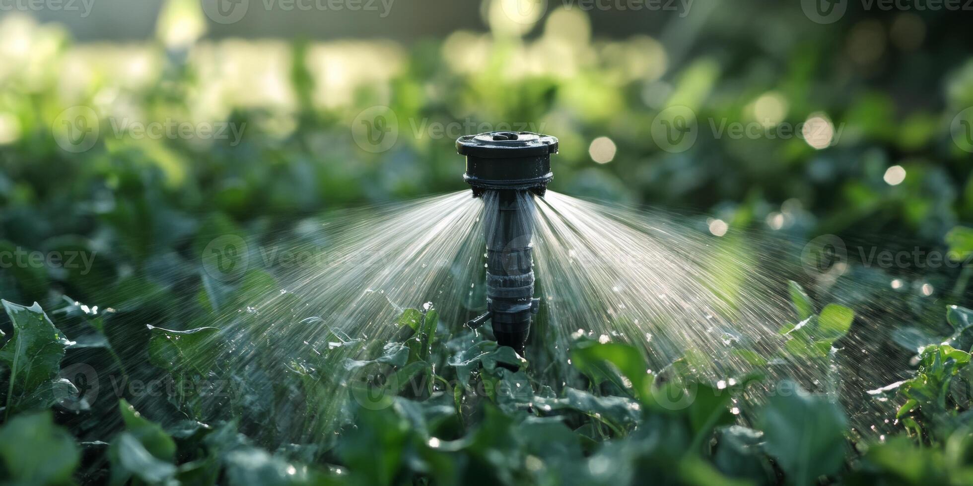 Close-up of a Garden Sprinkler Watering Vibrant Green Grass with Sunlight Glimmering on Water Droplets Creating a Refreshing Outdoor Atmosphere photo