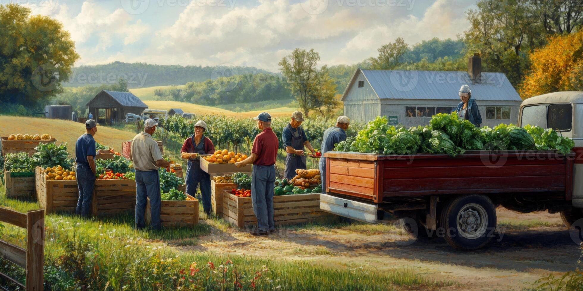 Farmers Harvesting Fresh Vegetables in a Scenic Countryside Setting with Rustic Farms and Abundant Produce Gathered Around a Vintage Truck photo