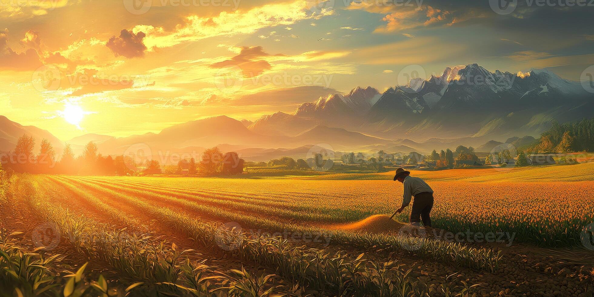 Vibrant Sunset Over Agricultural Landscape with Farmer Tilling Soil in Fields Surrounded by Majestic Mountains and Lush Greenery photo