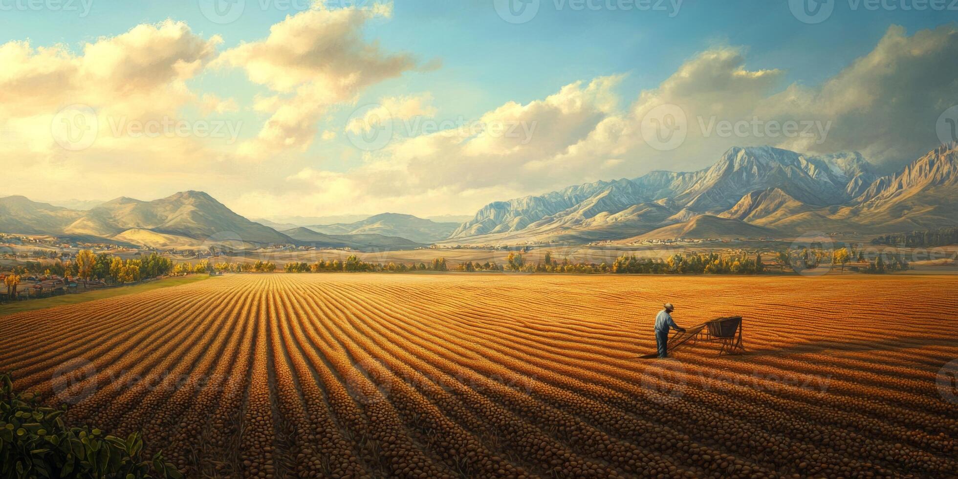 Serene Agricultural Landscape with Farmer Tilling Soil Under Sunny Sky Surrounded by Majestic Mountains and Lush Green Fields in Rural Setting photo