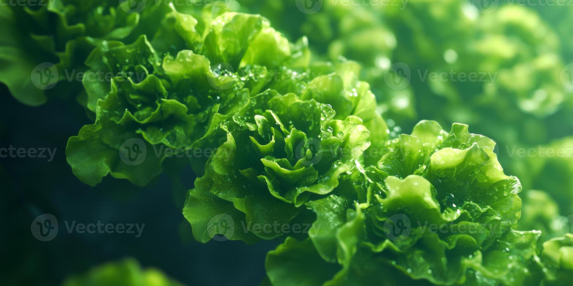 Fresh and Vibrant Green Lettuce Leaves with Water Droplets Caught in Natural Light, Close-Up of Leafy Vegetables in a Garden Setting photo