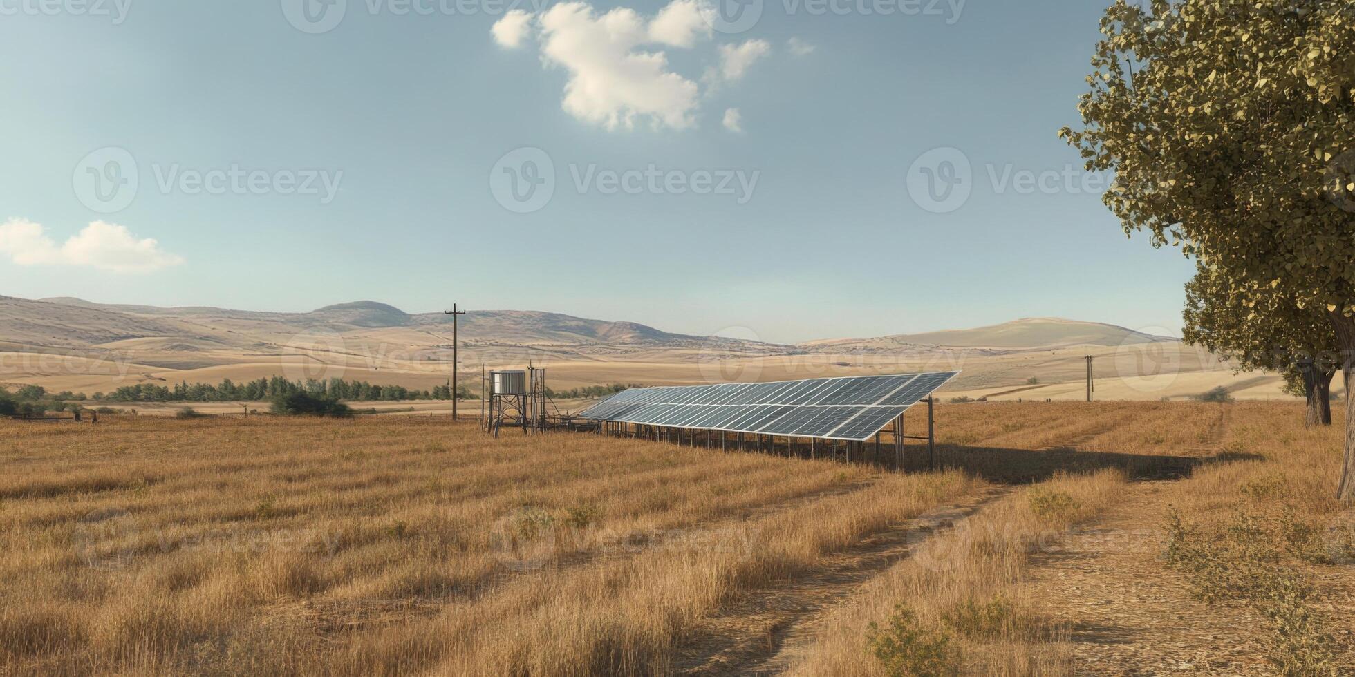 Solar Energy Implementation in Rural Landscape Under Clear Blue Sky with Brown Grass Field and Mountains in Background photo