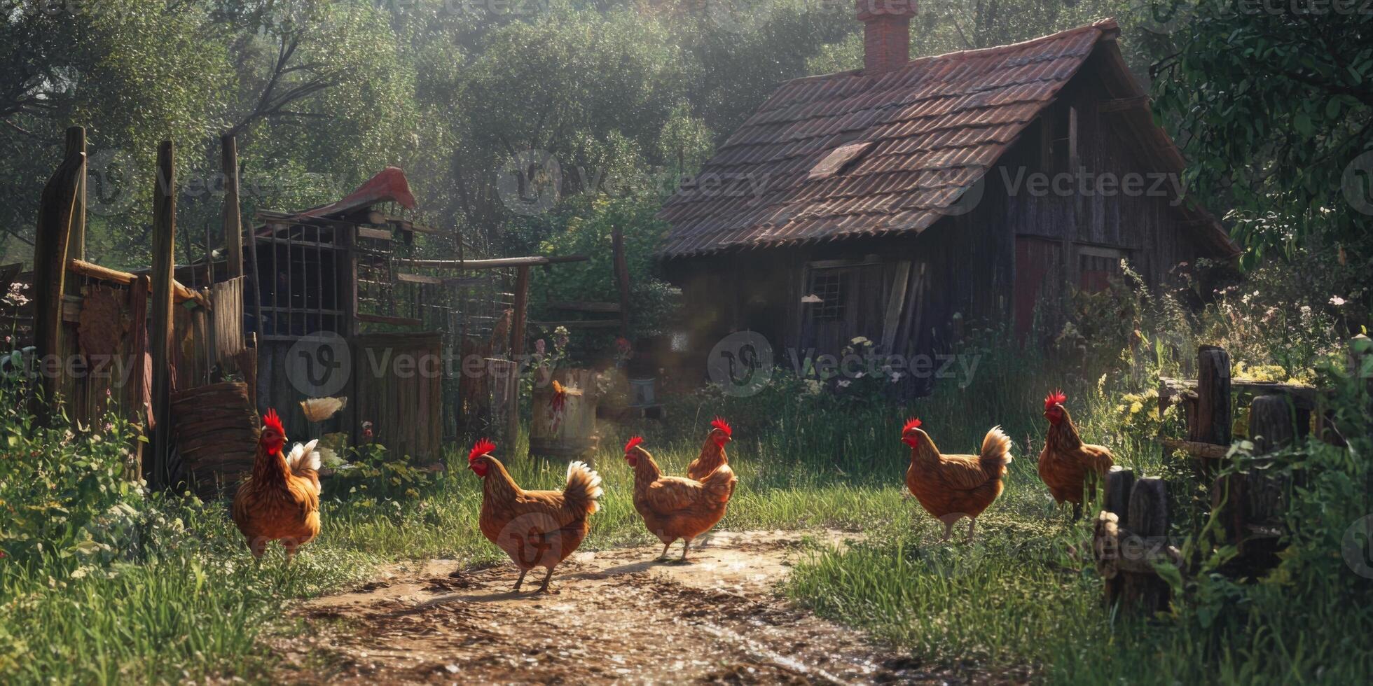 Charming Country Scene with Rustic House and Golden Chickens Roaming on a Dusty Pathway Surrounded by Lush Greenery and Soft Morning Light photo