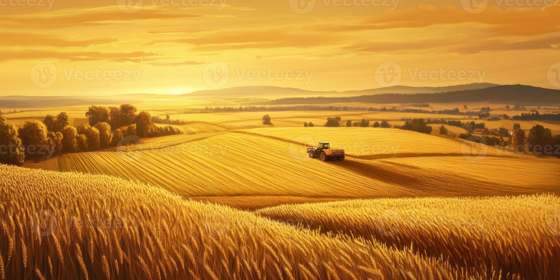 Scenic Sunrise Over Wheat Field with Tractor in Golden Light, Capturing Rural Landscape Beauty and Agricultural Serenity, Perfect for Nature Themes photo