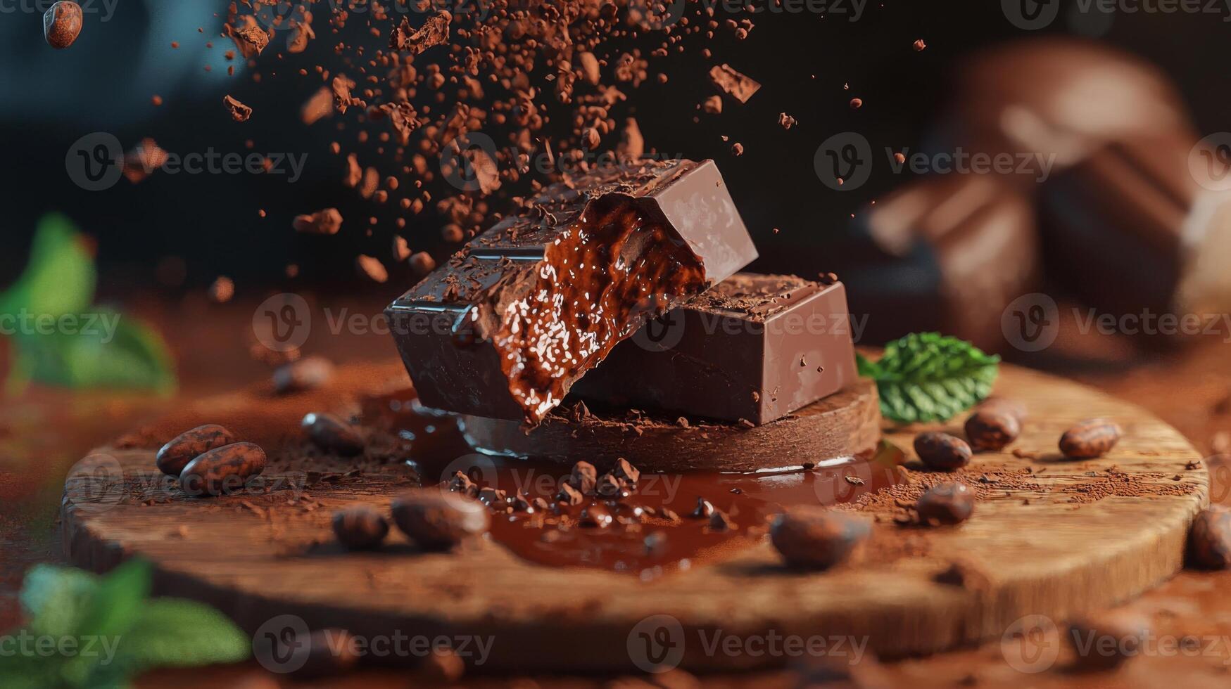 Gourmet Dark Chocolate Bar Broken Cocoa Beans Mint Melted Center High Resolution photo