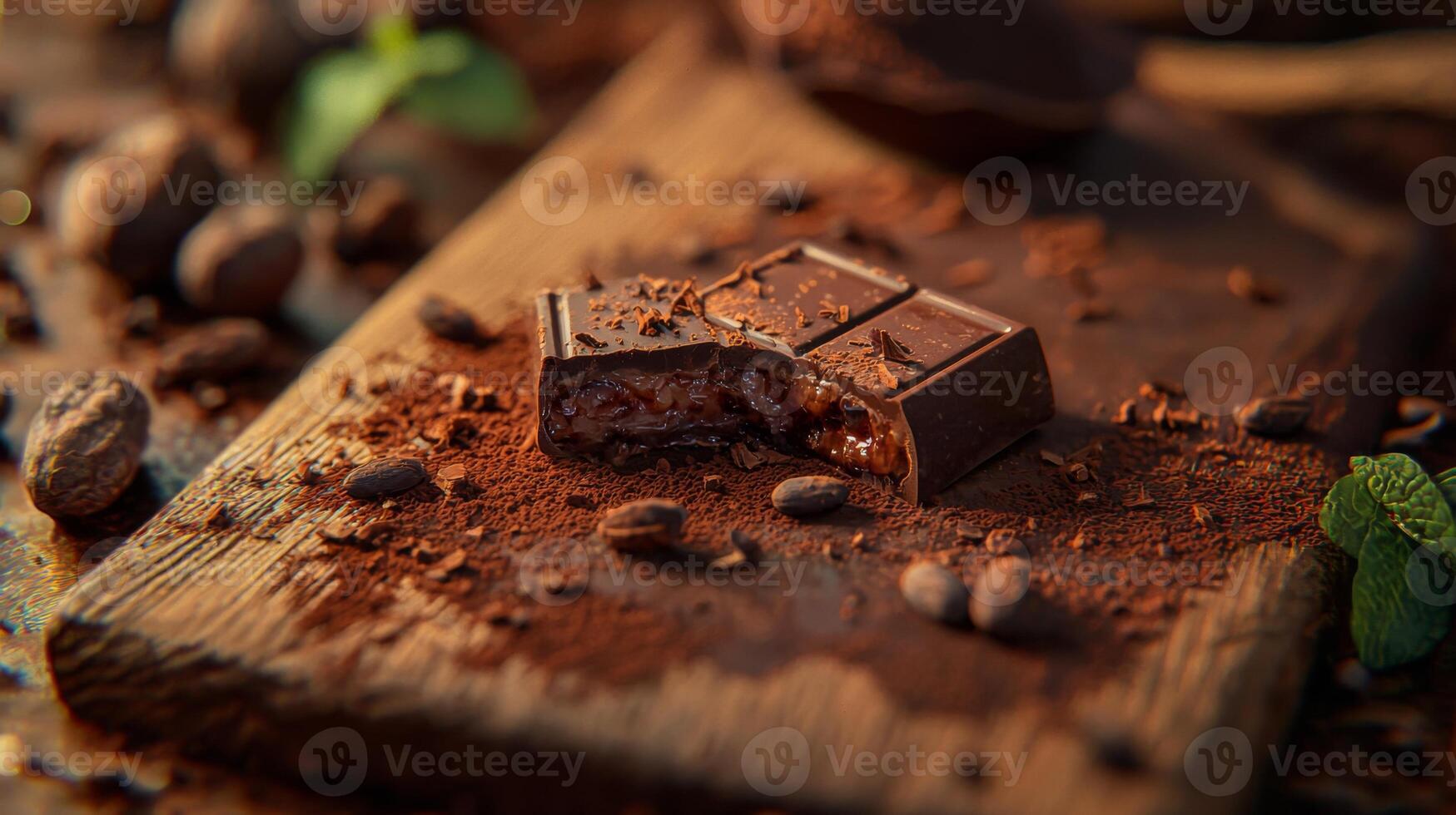 Gourmet Chocolate Bar Broken Cocoa Beans Mint Wooden Board photo