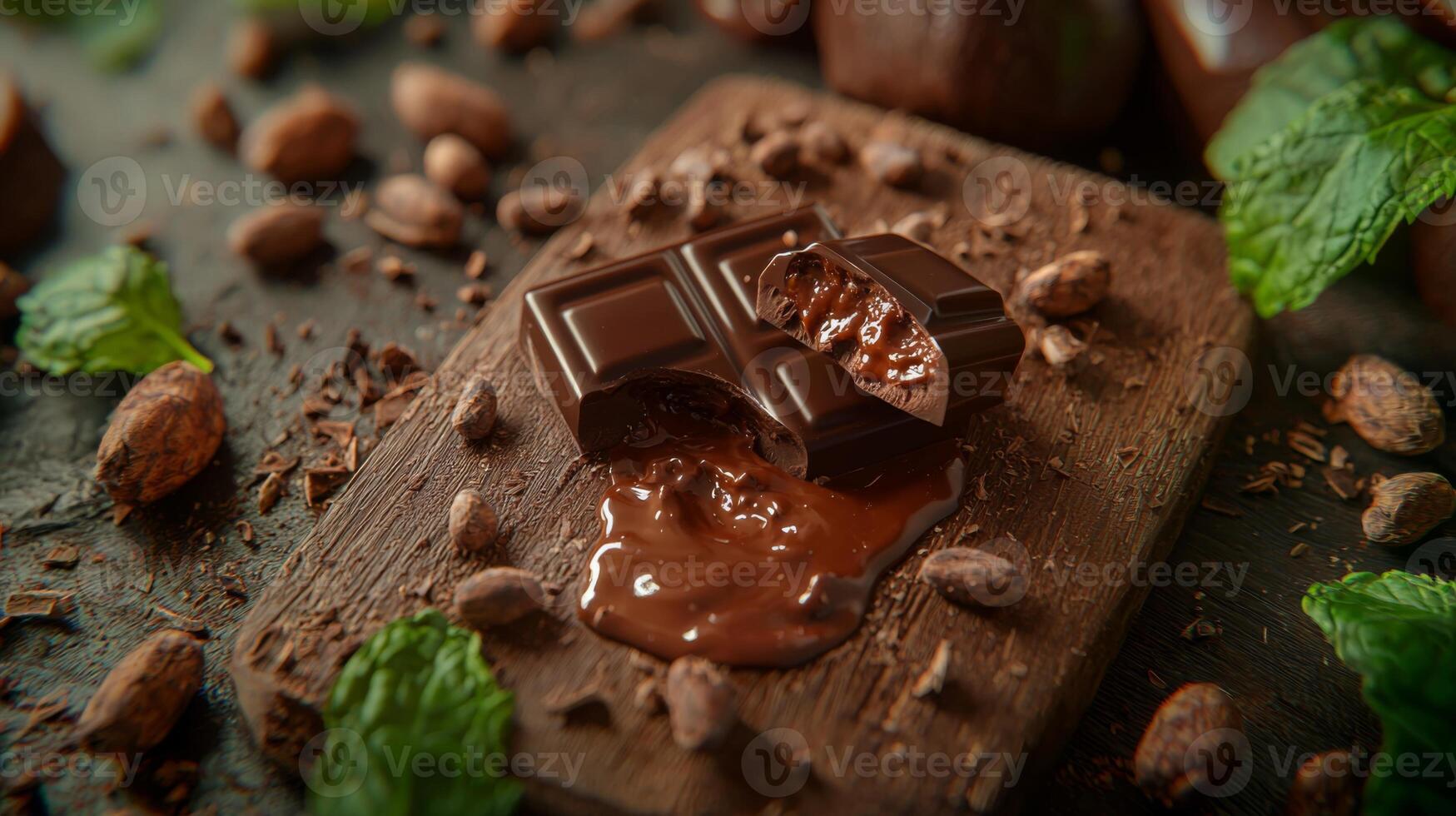 Gourmet Dark Chocolate Bar Broken Melted Center Cocoa Beans Mint Leaves photo
