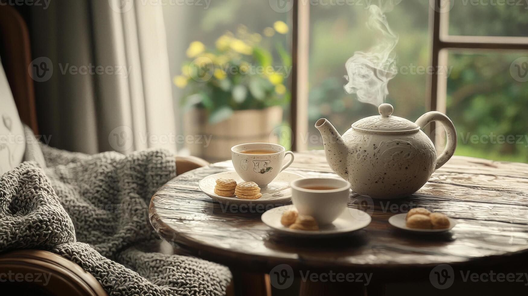 Cozy Autumn Tea Time Window View Teapot Cups Biscuits Blanket photo