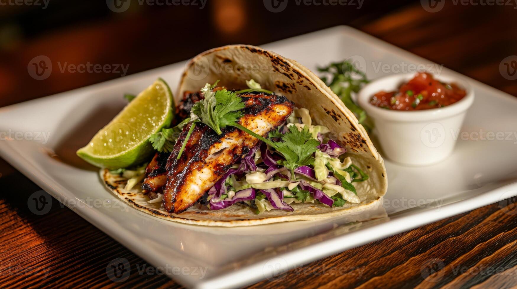 Gourmet Grilled Fish Taco with Cabbage Slaw Cilantro Avocado and Lime photo
