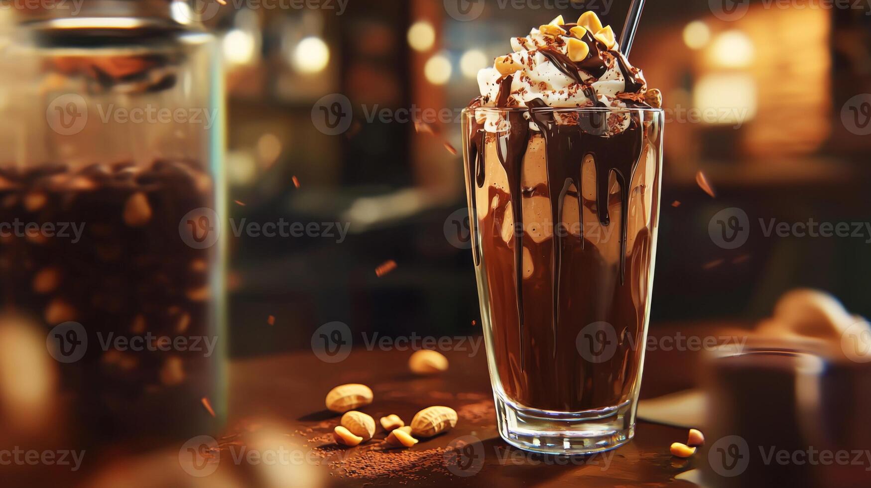 Creamy Chocolate Peanut Butter Smoothie with Whipped Cream and Peanuts photo