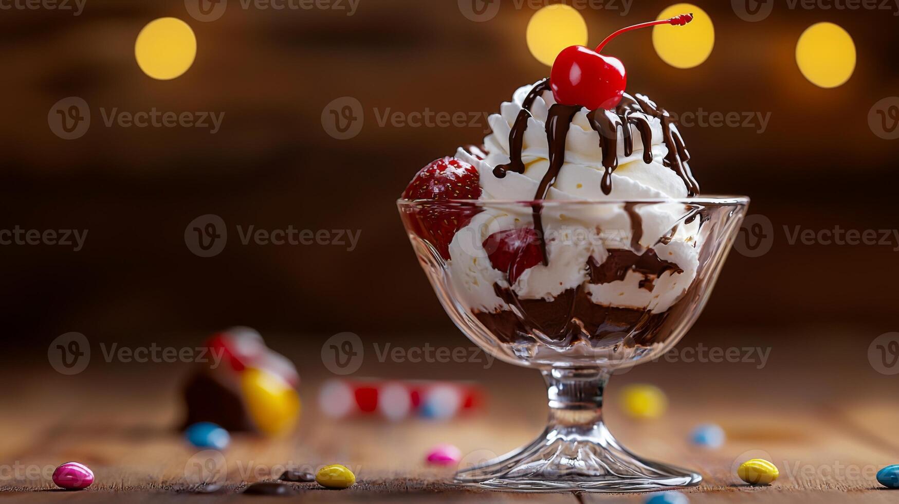 Delicious Ice Cream Sundae with Chocolate Strawberry and Whipped Cream photo