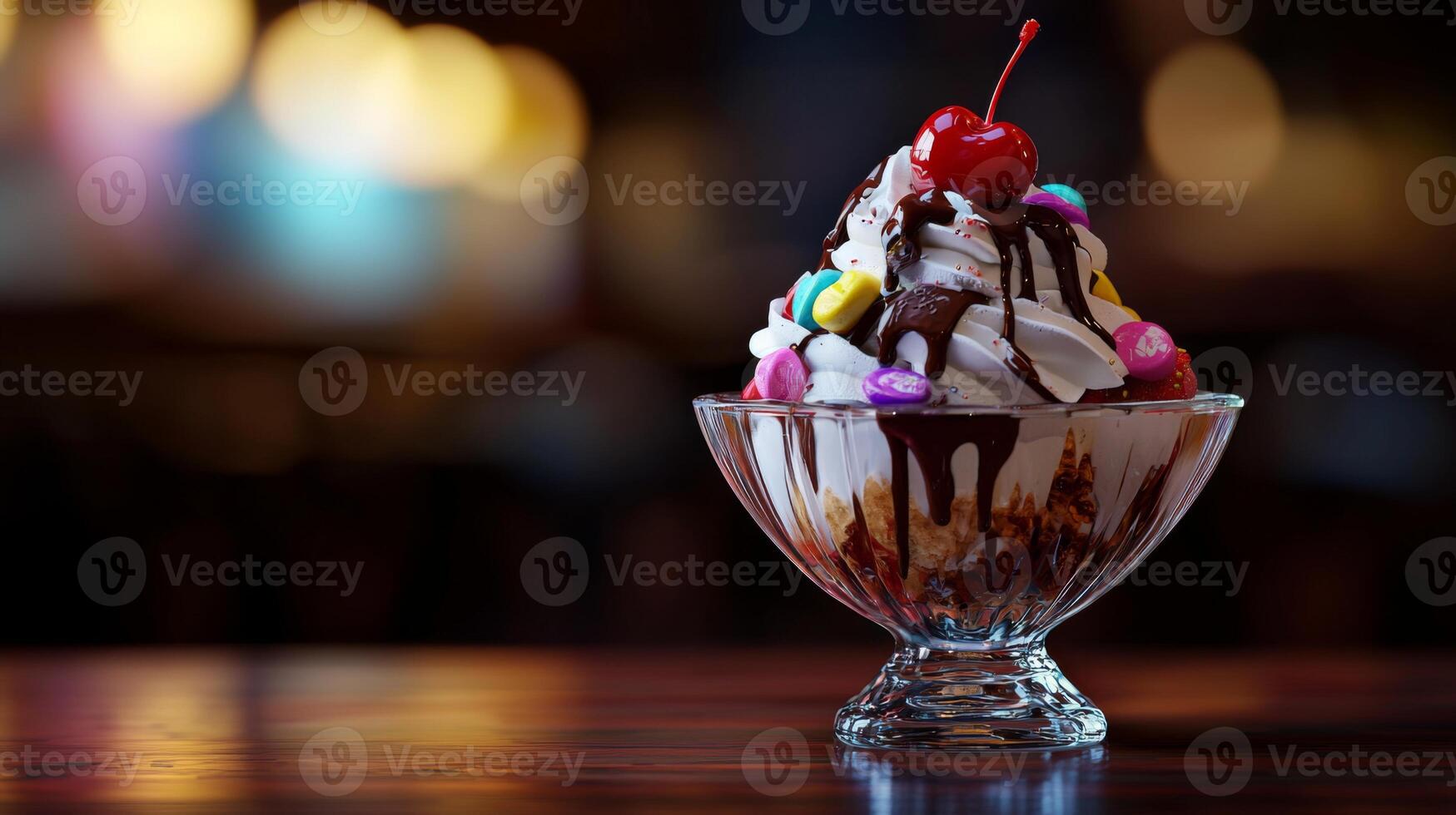Delicious Ice Cream Sundae Whipped Cream Chocolate Candy photo