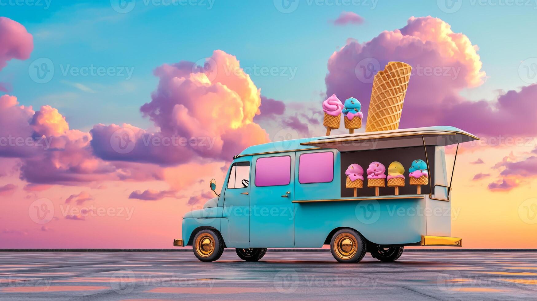 Retro Ice Cream Truck Sunset Summer Treats Popsicles Cones photo
