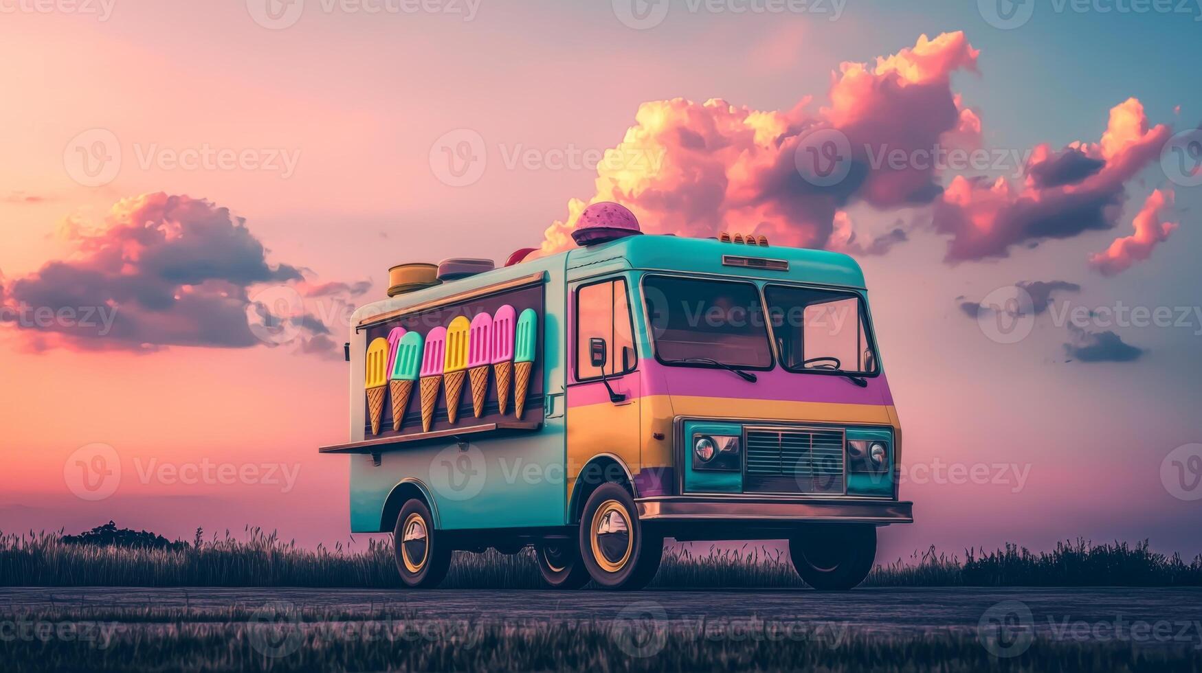 Retro Ice Cream Truck Sunset Summer Treats Vintage Van Popsicles photo