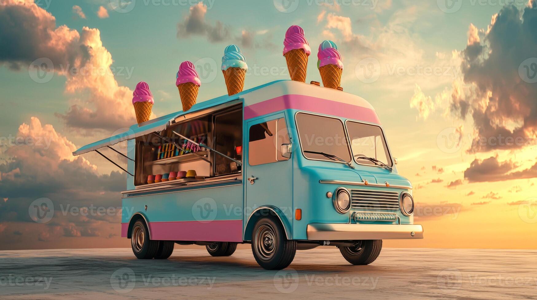 Retro Ice Cream Truck Sunset Summer Treats Vintage Van Popsicles Cones photo
