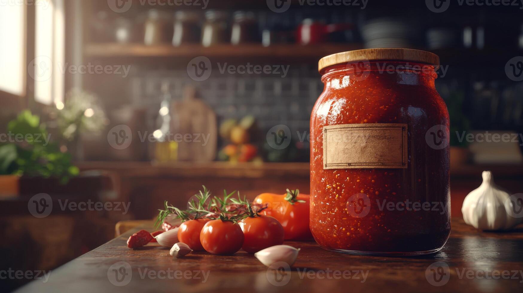 Homemade Marinara Sauce Jar Rustic Kitchen Tomatoes Garlic photo