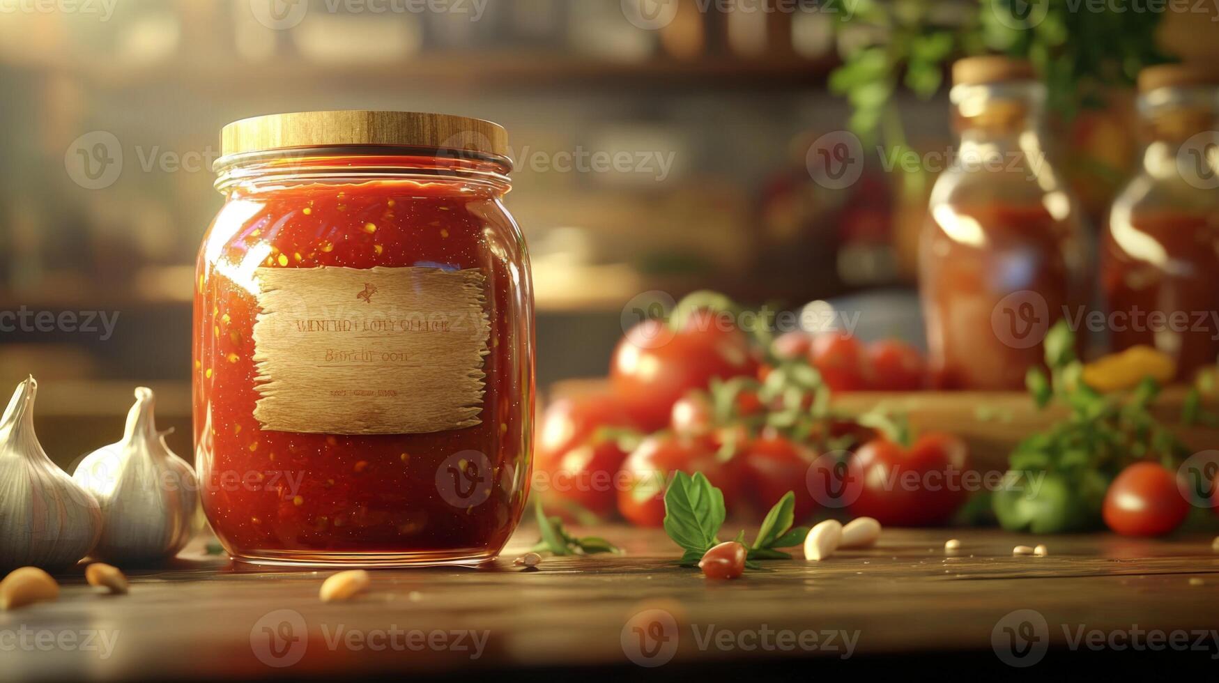 Homemade Marinara Sauce Jar Rustic Kitchen Tomatoes Garlic Olive Oil photo