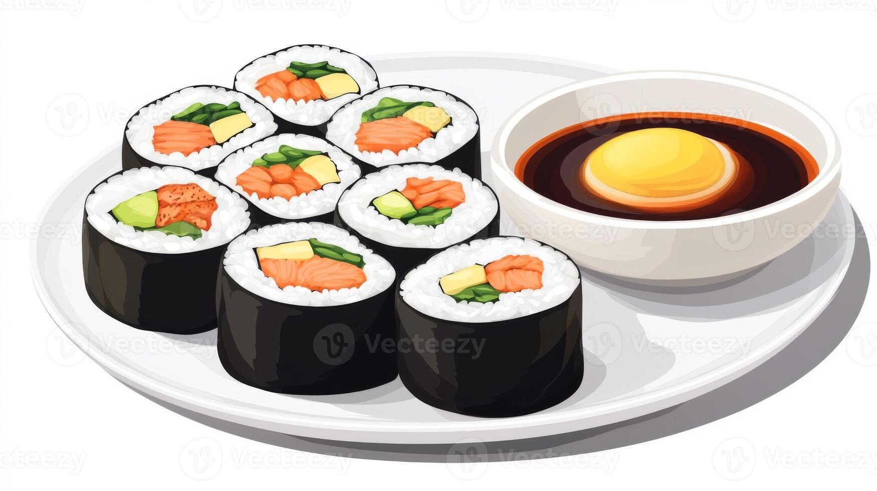 Delicious Gimbap Sushi Rolls with Soy Sauce and Kimchi photo